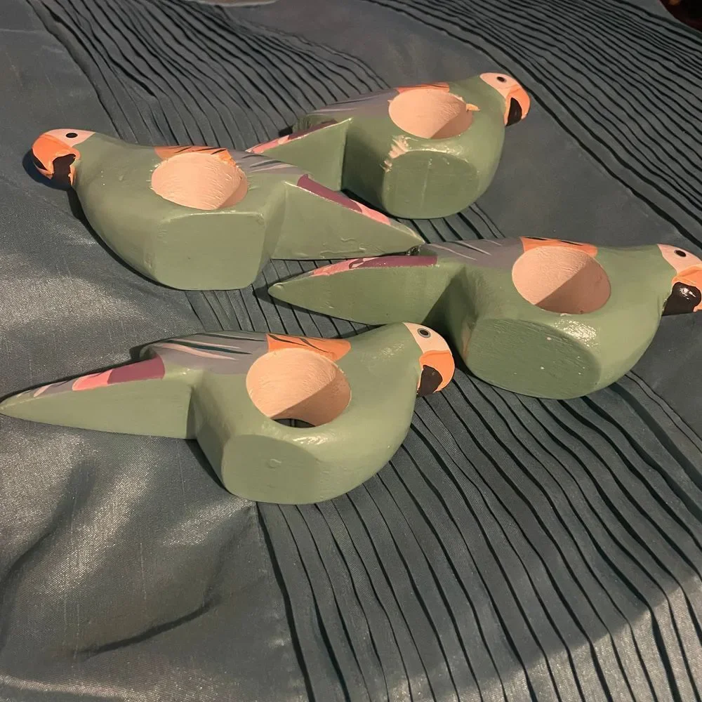 1980s Handpainted Wood Tropical Bird Parrot Napkin Rings Made in the Phillipines